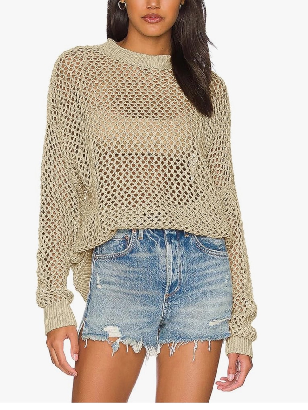 360 Sweater Women’s Gray Linen/Cotton Open-Weave Crewneck Sweater